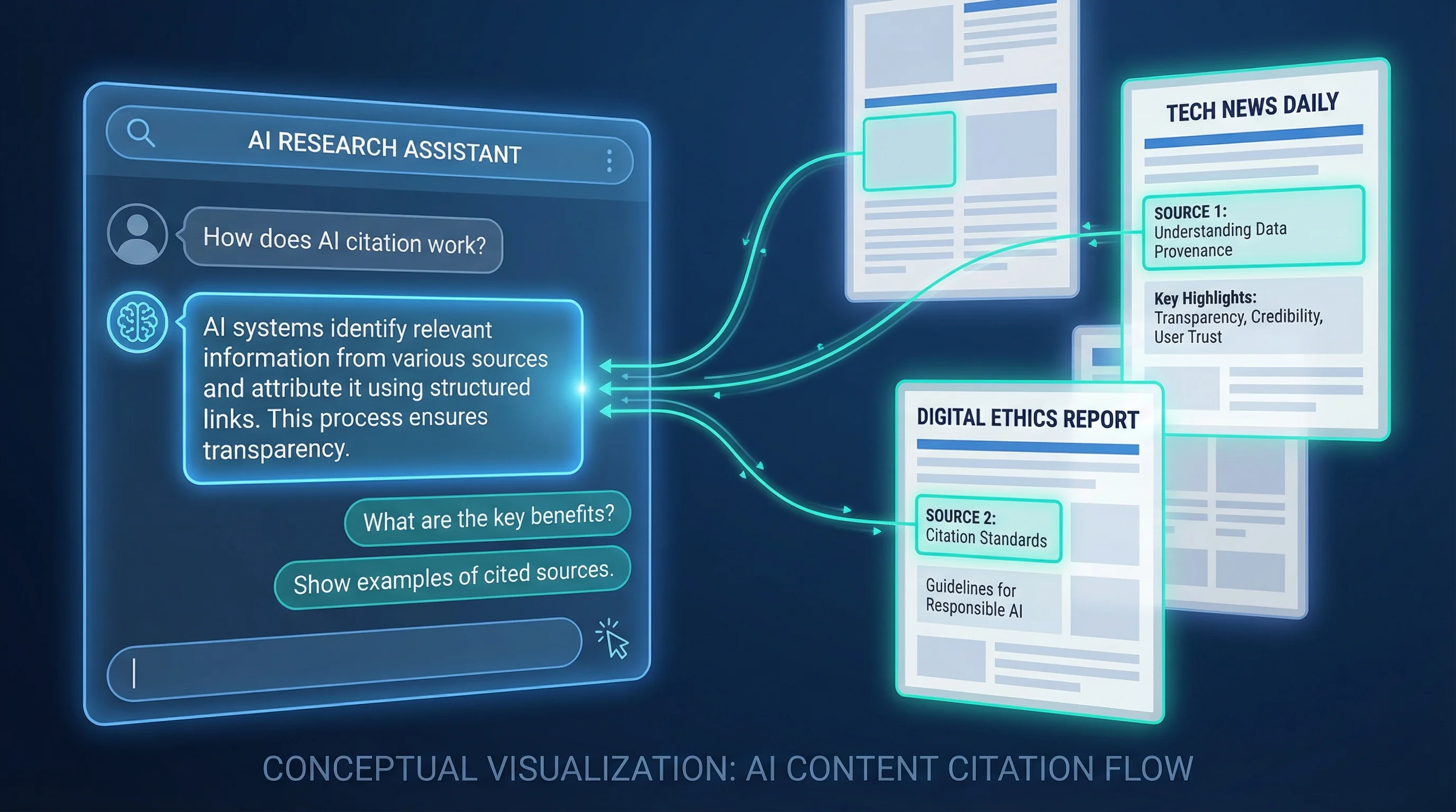 Visualisation of website content being cited by an AI search system, with structured content blocks highlighted as sources