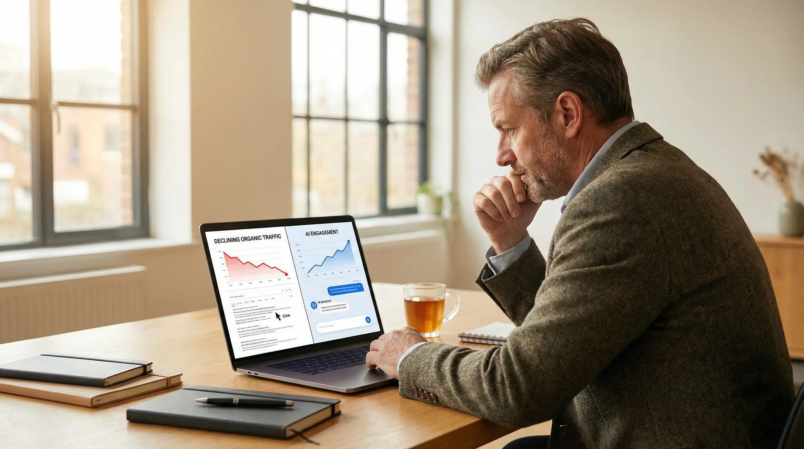 Business owner reviewing analytics showing declining organic traffic alongside AI search interface engagement