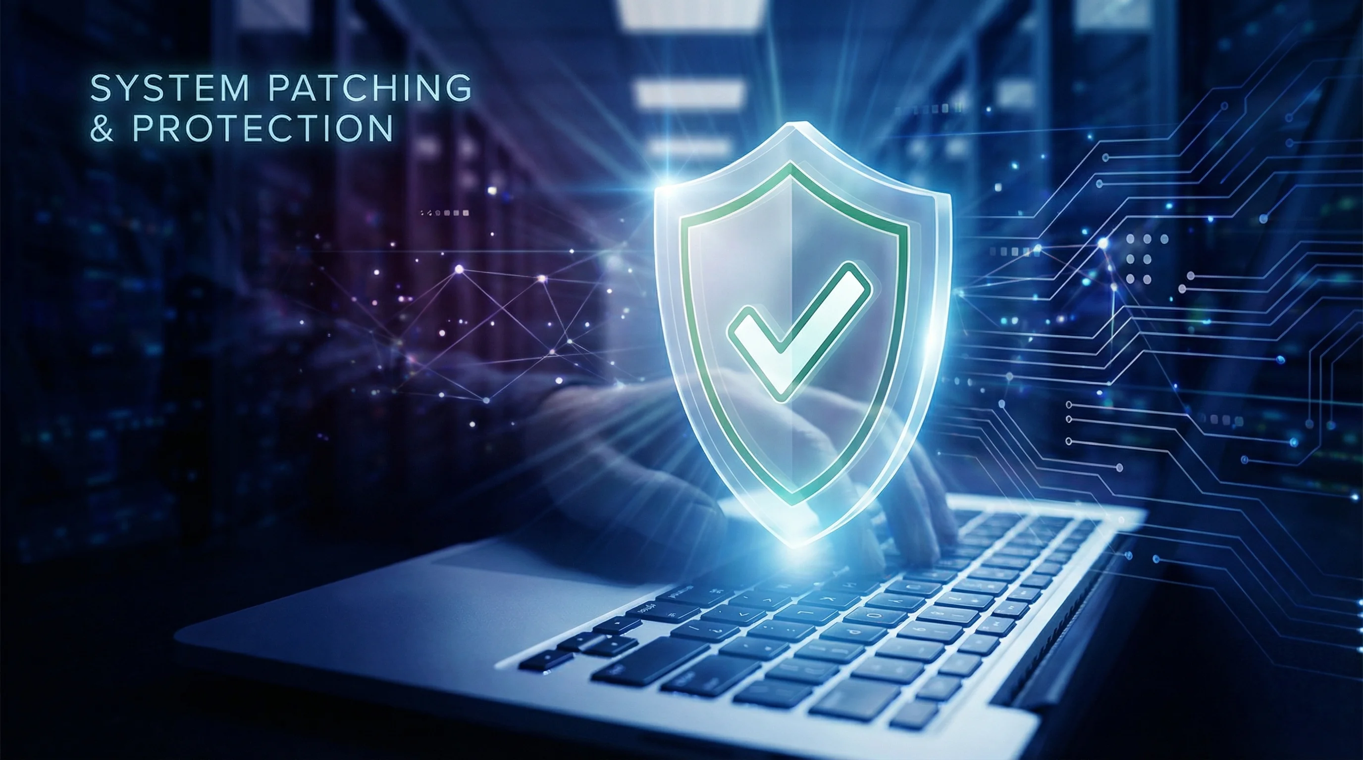 Cybersecurity shield with checkmark icon hovering over a laptop keyboard, representing system patching and protection