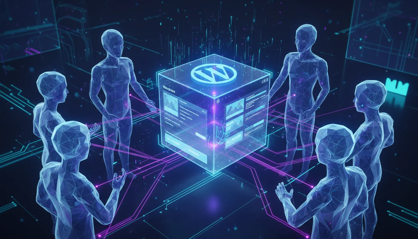 Futuristic illustration showing multiple holographic figures collaborating around a WordPress content block with glowing connection lines