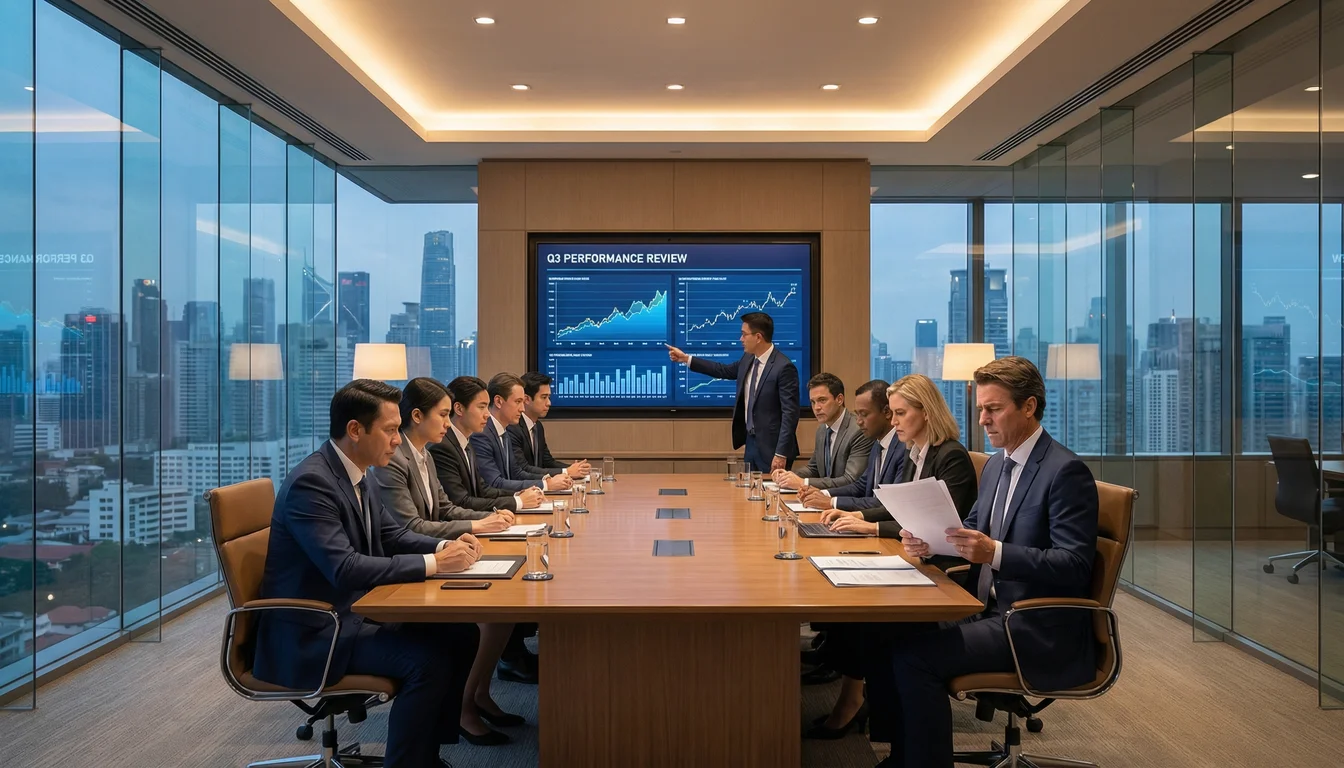 Corporate executives in a boardroom discussing documents with digital screens showing content review processes