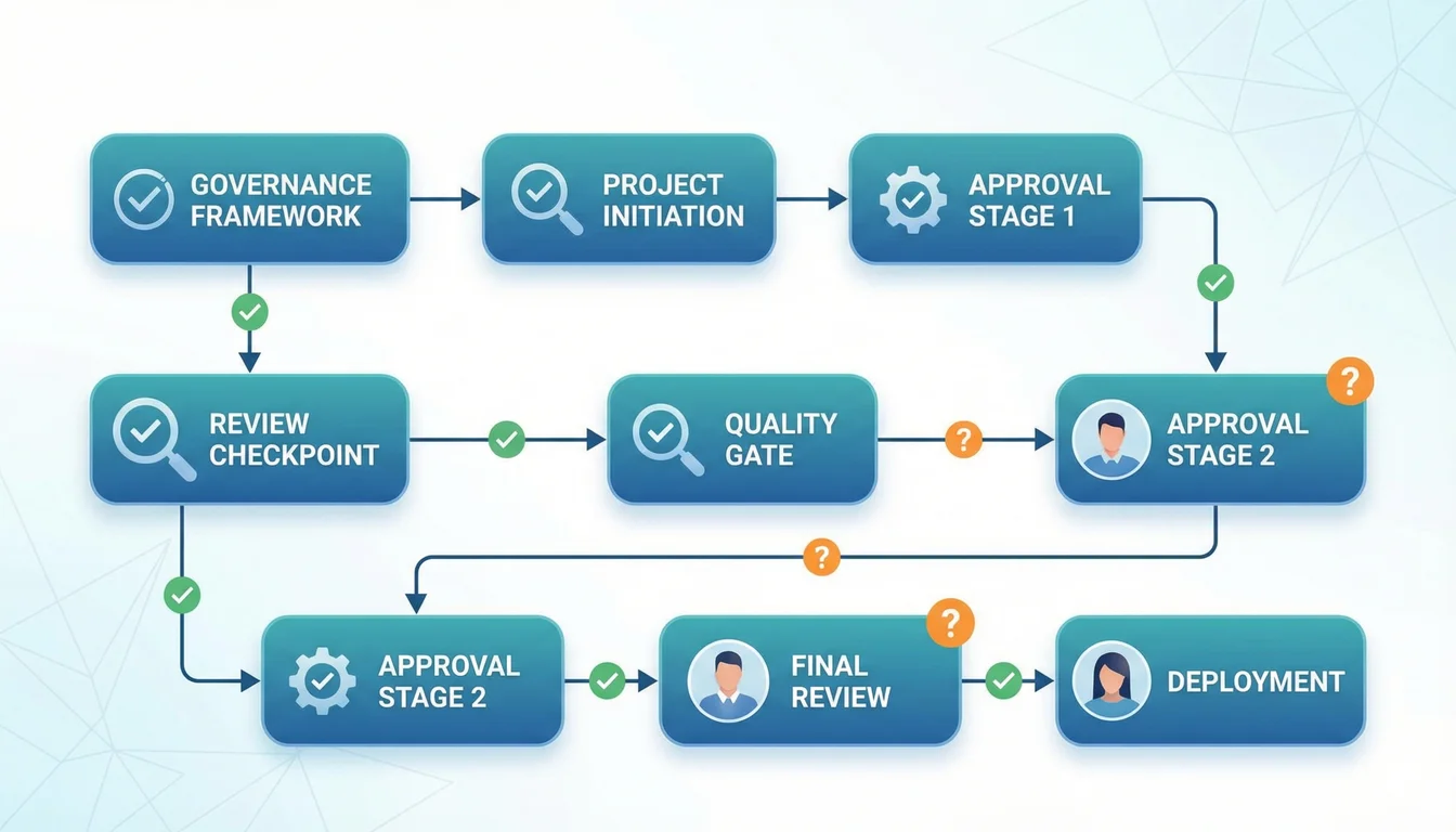 Clean modern illustration of a governance framework checklist with approval stages and review checkpoints