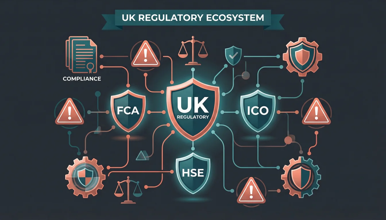 Illustration of interconnected UK regulatory bodies including FCA, ASA, ICO, and CMA with oversight connections