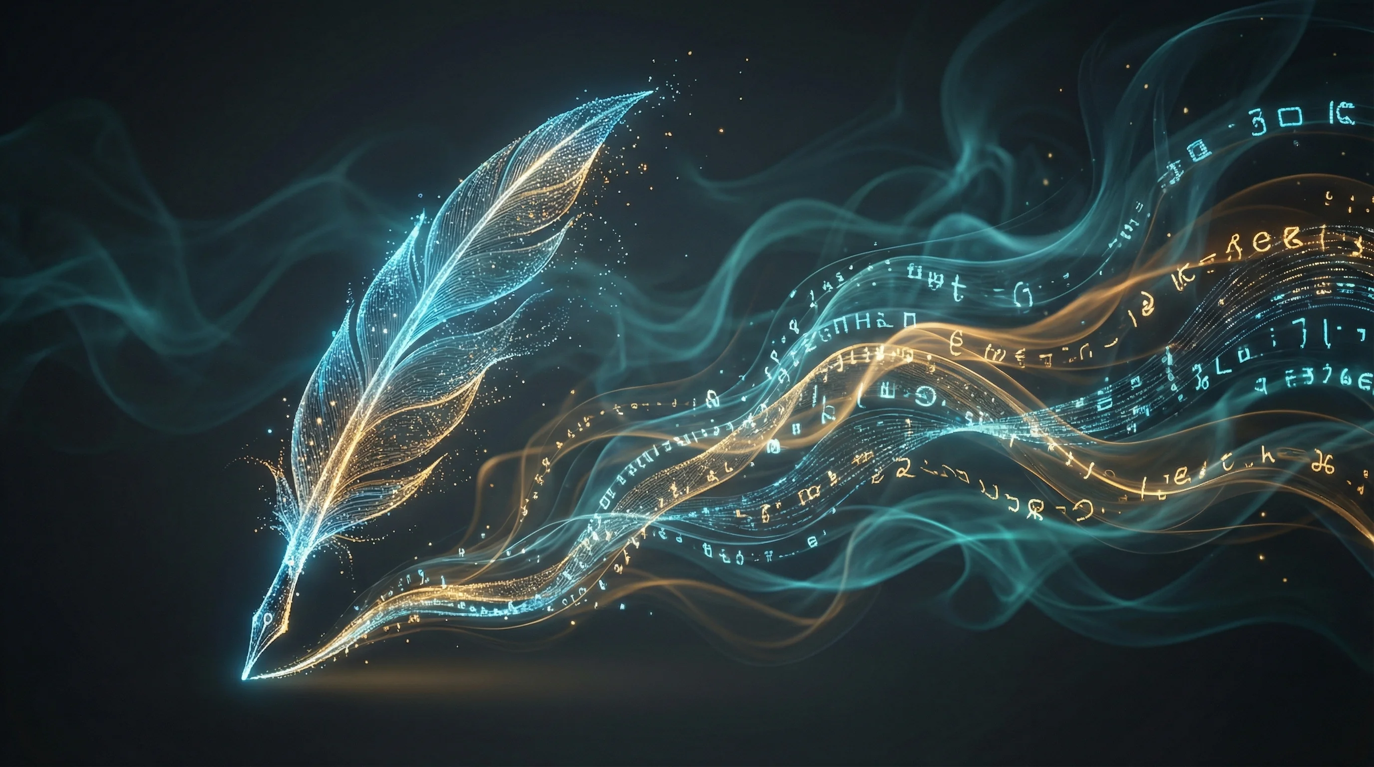Abstract luminous quill pen made of light particles transforming into flowing streams of glowing text and data