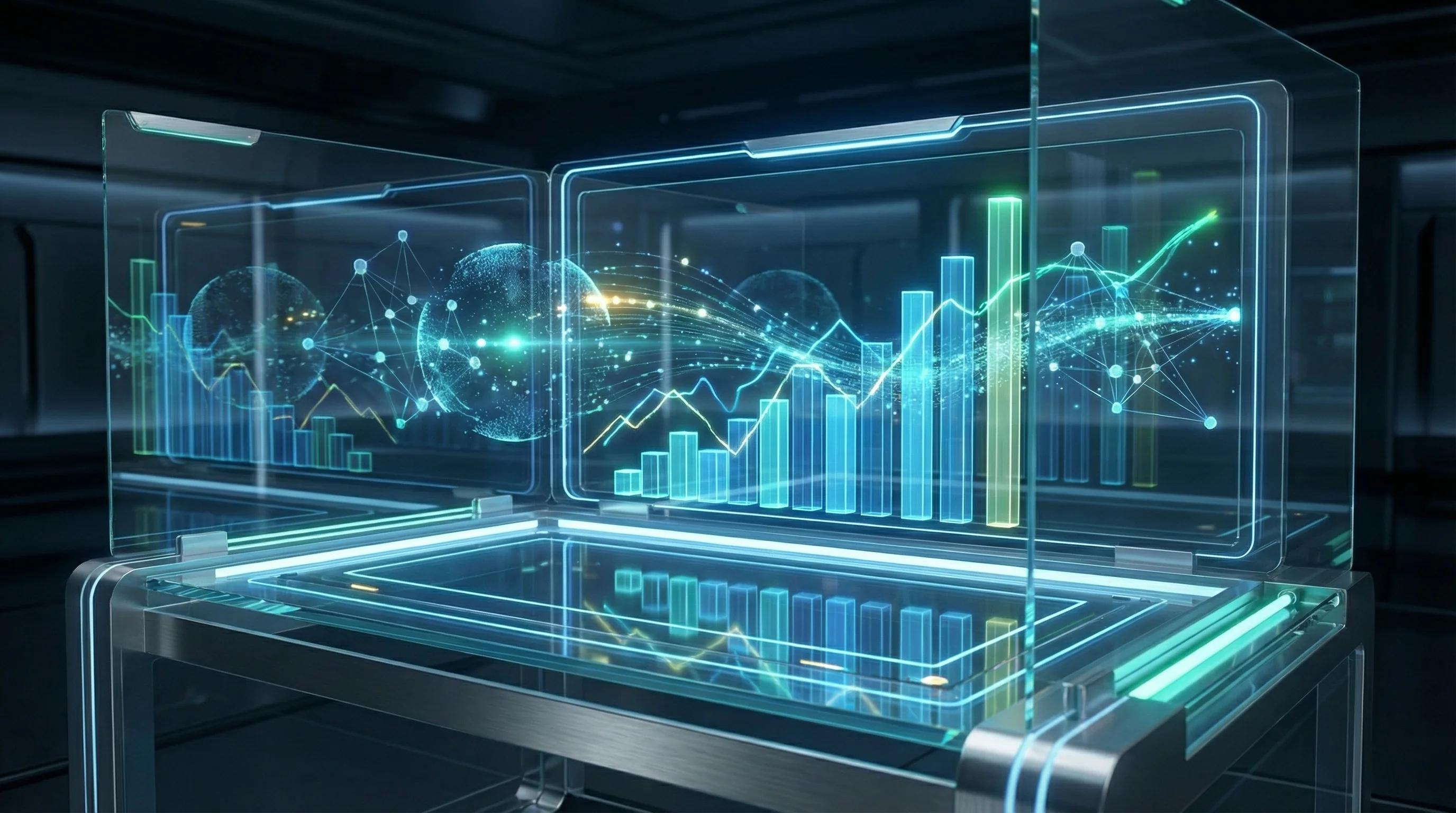 Futuristic holographic analytics dashboard showing search ranking graphs, upward trend lines, and data visualisations in blue and teal