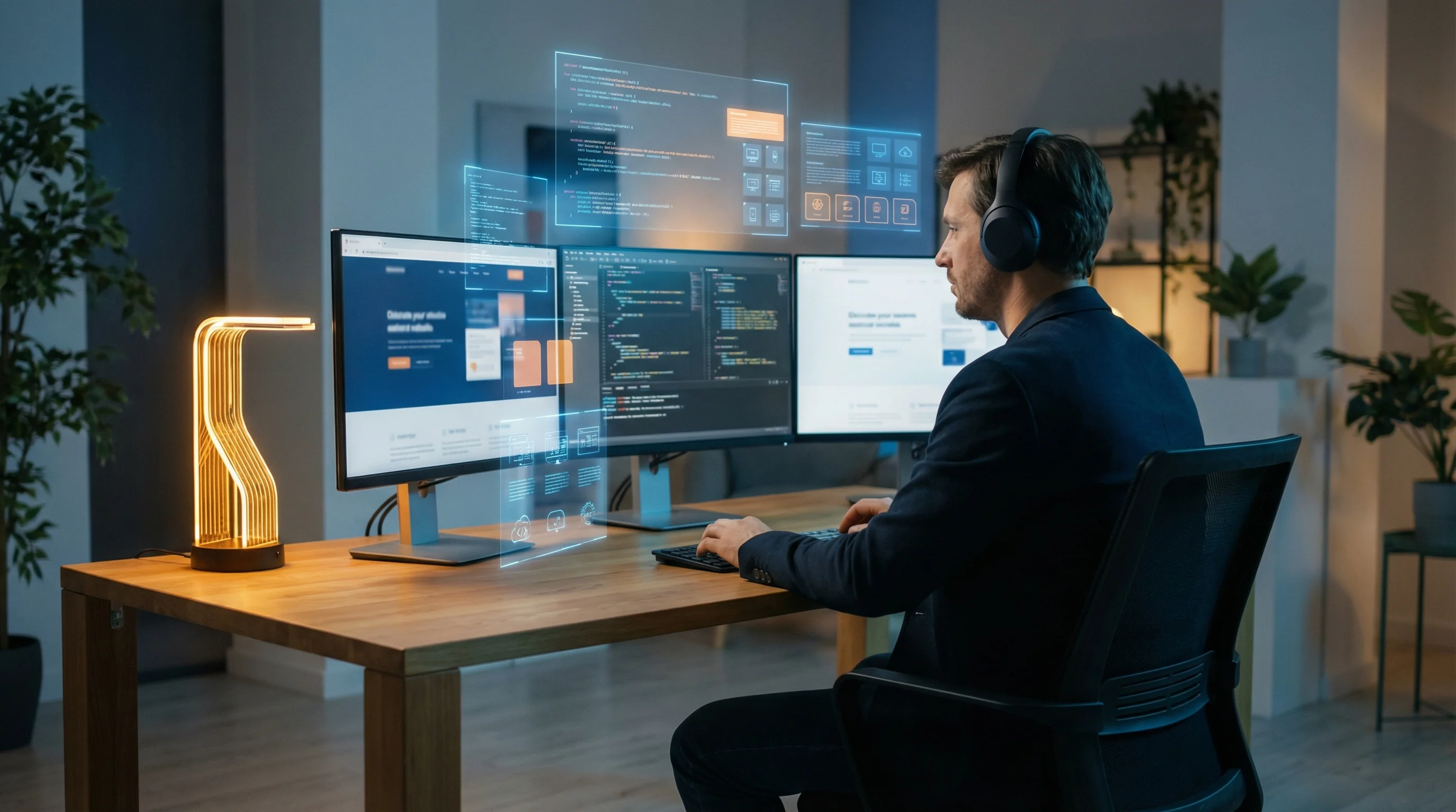 Web designer working at a modern desk with multiple monitors showing code and website layouts alongside holographic AI interface elements