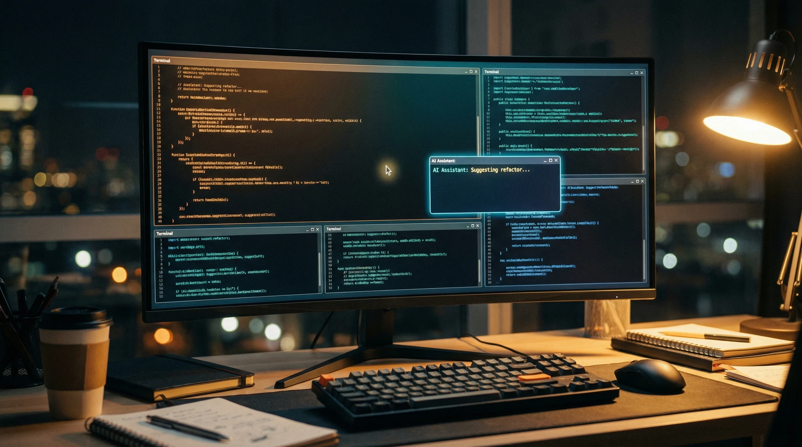 Developer workstation at night showing multiple terminal windows with code and an AI assistant suggestion popup