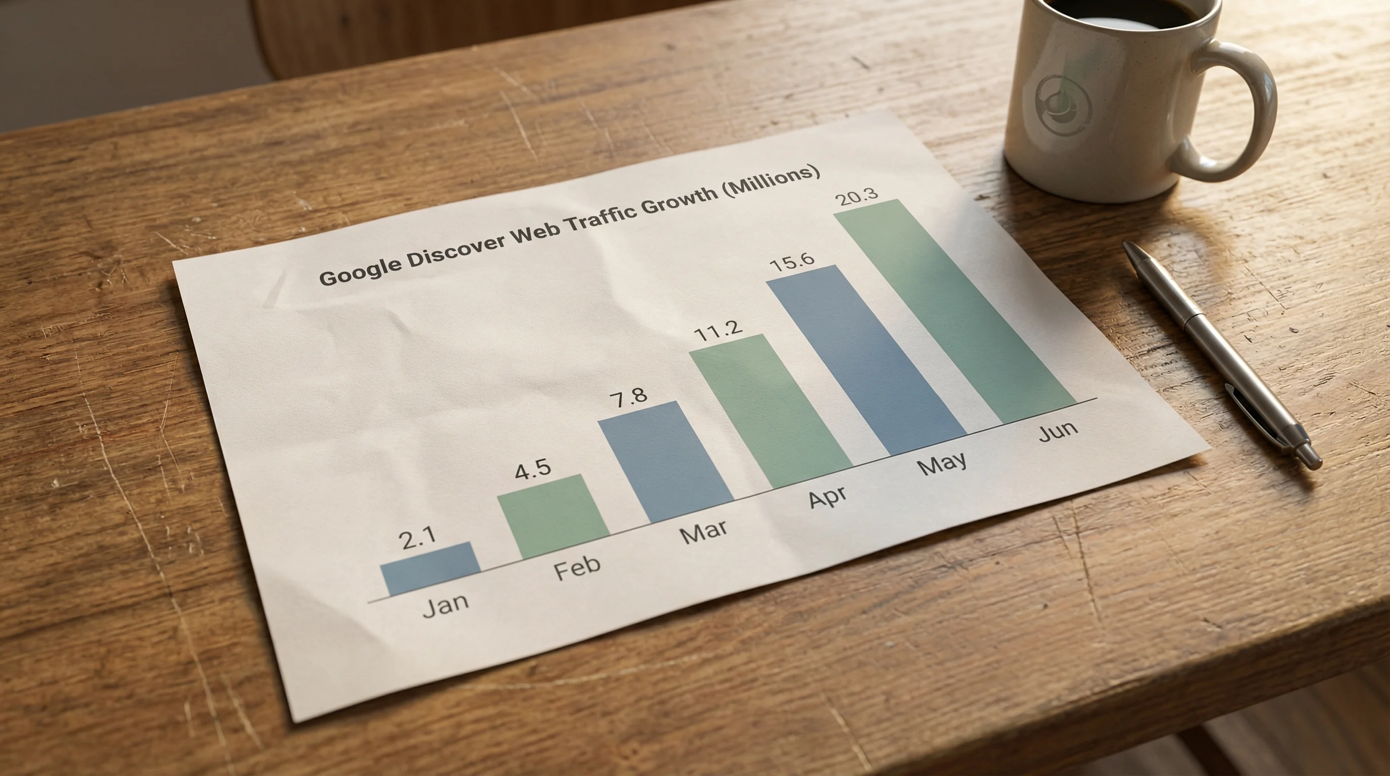 Data visualisation showing Google Discover's growing share of publisher traffic from 37% in 2023 to 68% in 2025