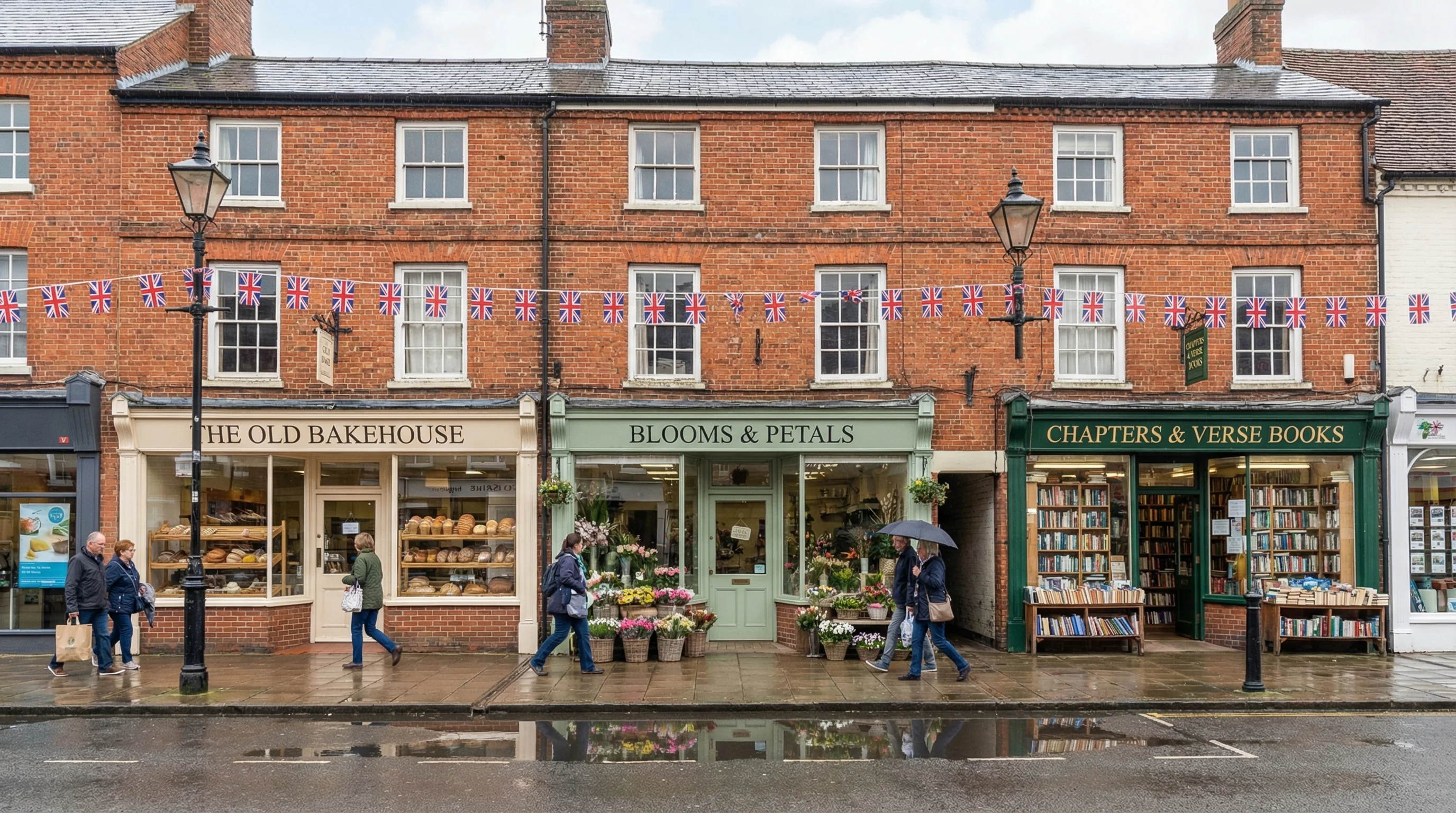 A UK high street with small businesses, representing local content relevance for British websites in Google Discover