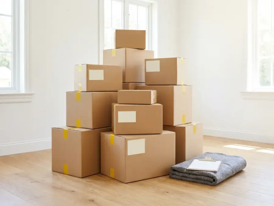 A pile of taped cardboard boxes in an empty room, illustrating the Brewood Removals free box and van calculator