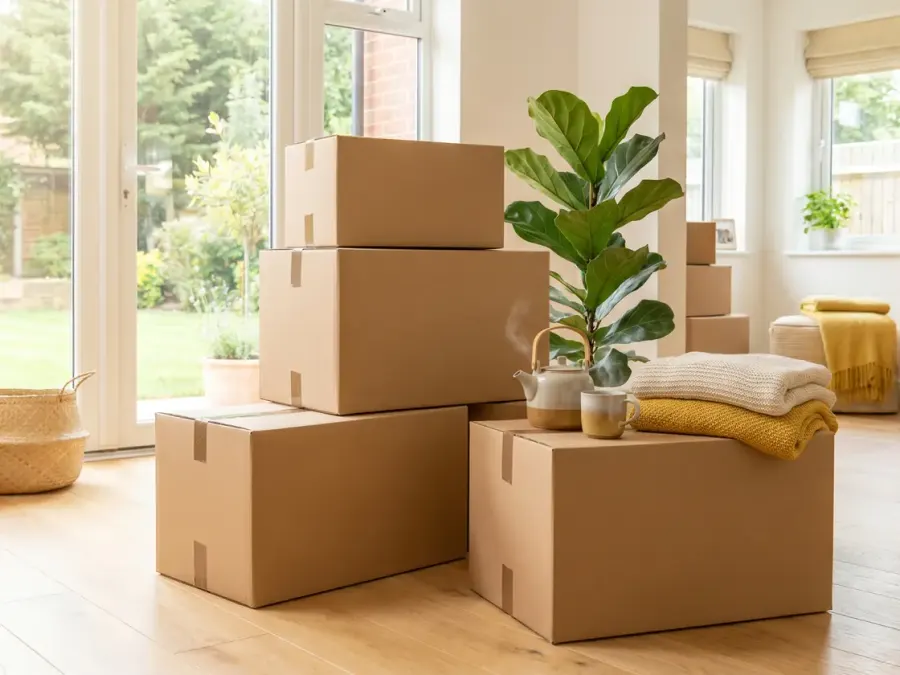Cardboard moving boxes stacked in a bright living room, illustrating the Brewood Removals free moving planner tool