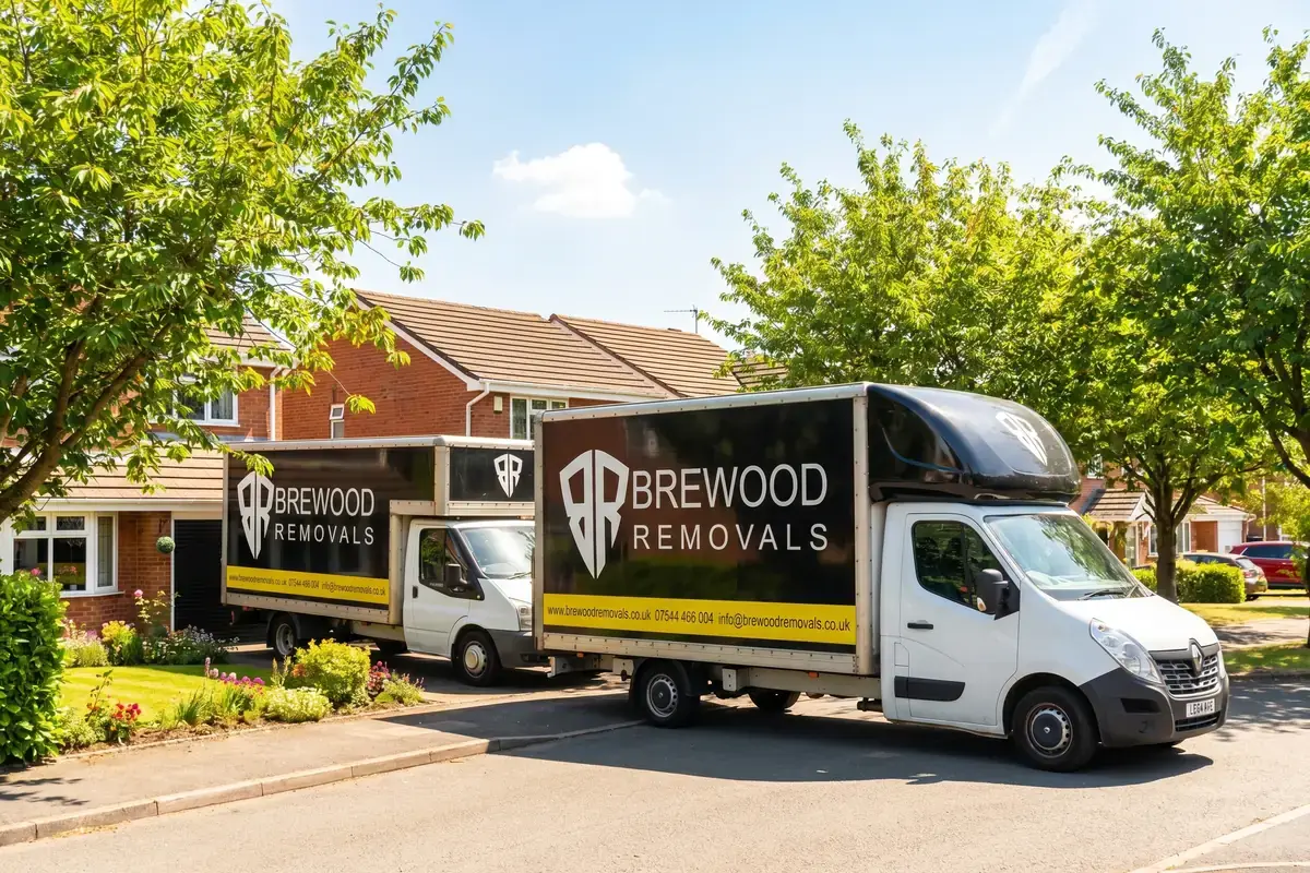 Two branded black and yellow Brewood Removals vans parked on a sunny residential street