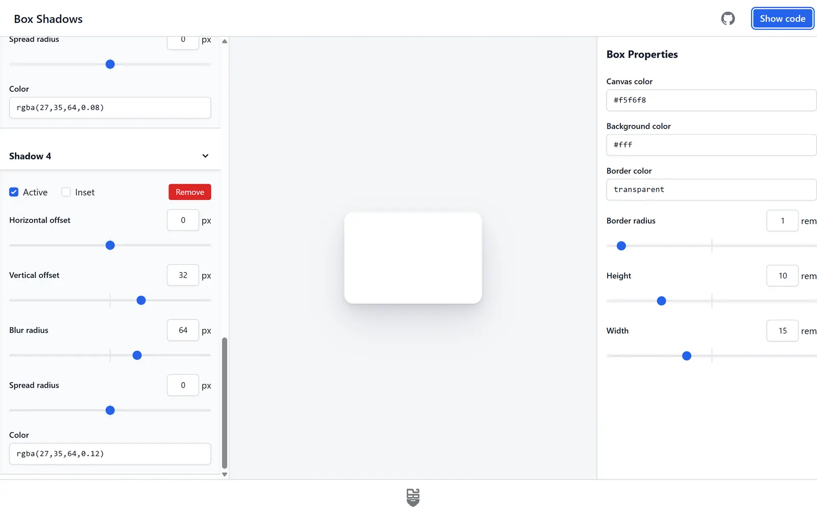 box-shadow.dev with four shadow layers listed and a 240 by 160 pixel card on a light canvas