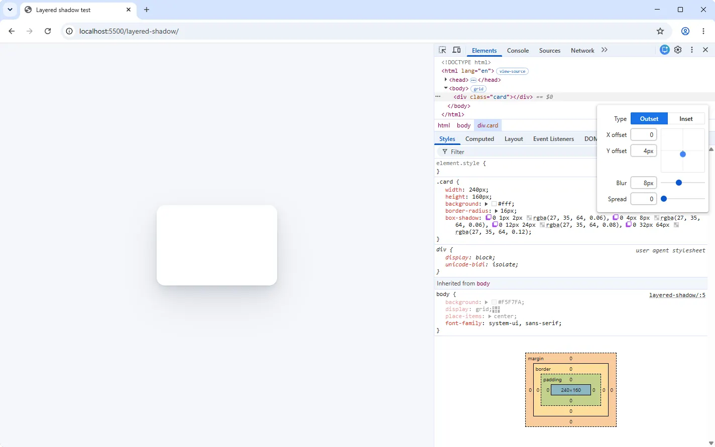 Chrome DevTools Styles pane with the shadow editor open on one layer of a four-layer box-shadow
