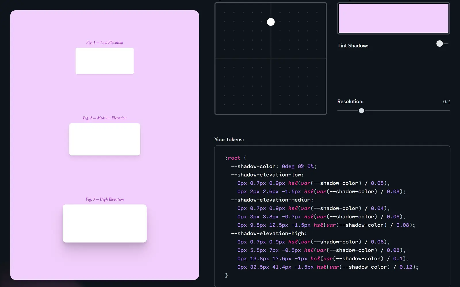 Josh W. Comeau's Shadow Palette Generator showing low, medium and high elevation cards and the CSS custom properties it generates