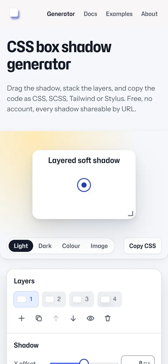Box Shadow Generator on a 390 pixel wide phone screen, with the shadowed card above the layer controls