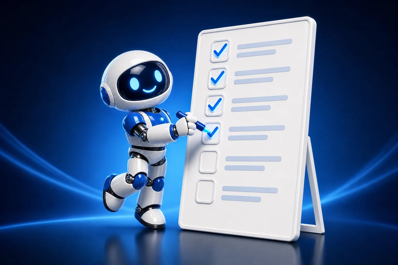 Glossy 3D illustration of Pip, a small white and blue robot, on tiptoe beside a tall checklist board, marking a blue tick in the fourth checkbox while three above it are already ticked and the ones below remain empty